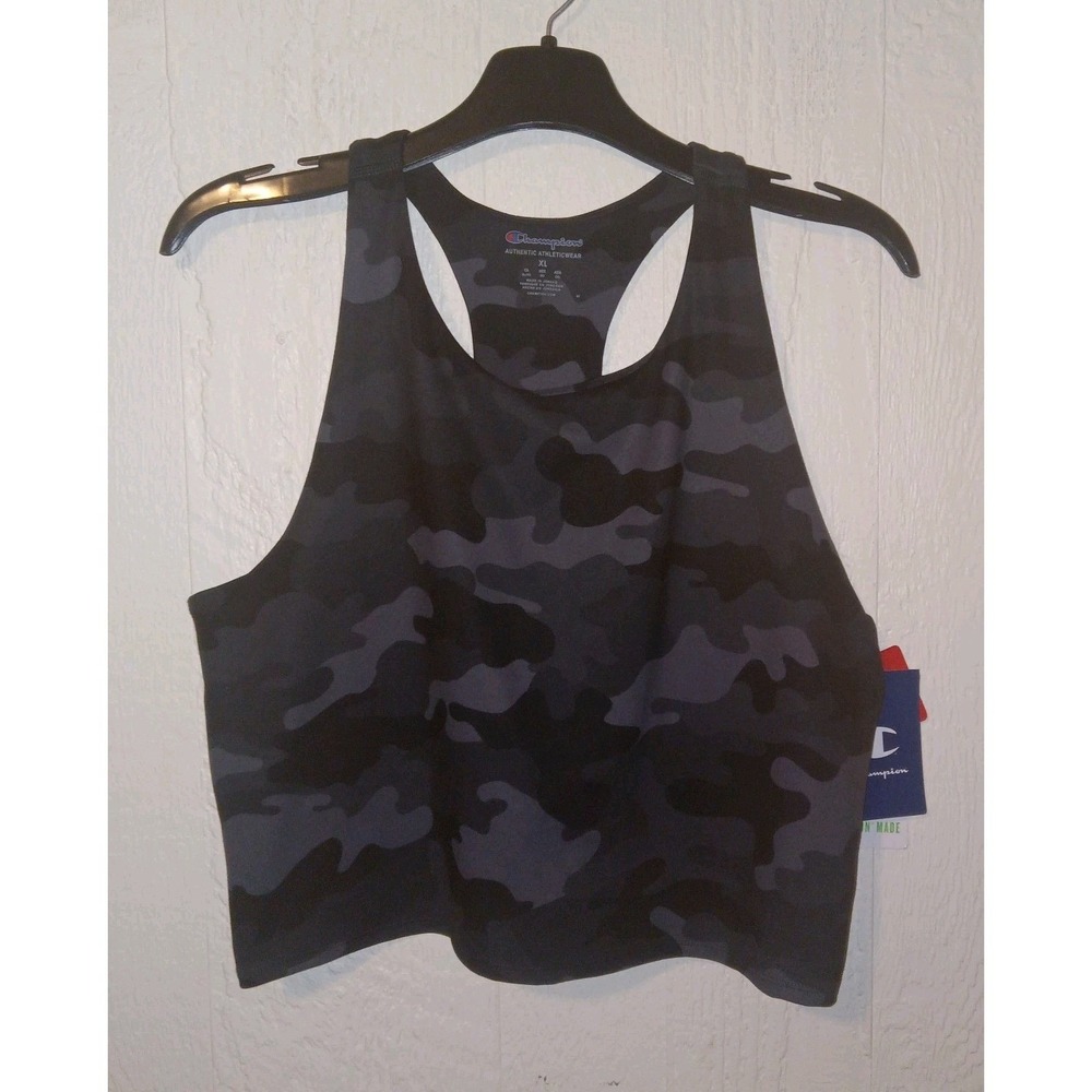 Champion Camo Crop Tank Top Womens XL Gray Black Fitted Racerback Workout Bra